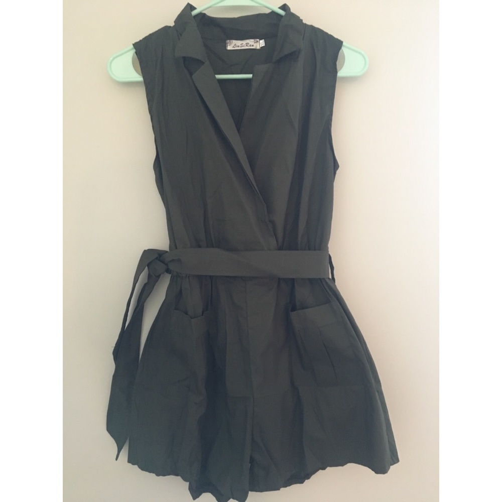 Army Green Belted Romper with Pockets